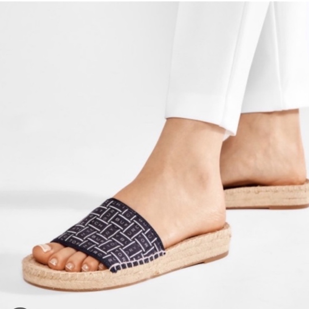 NEW! TORY BURCH Black Ribbon Herringbone Espadrilles Slip On Sandals Heels 6